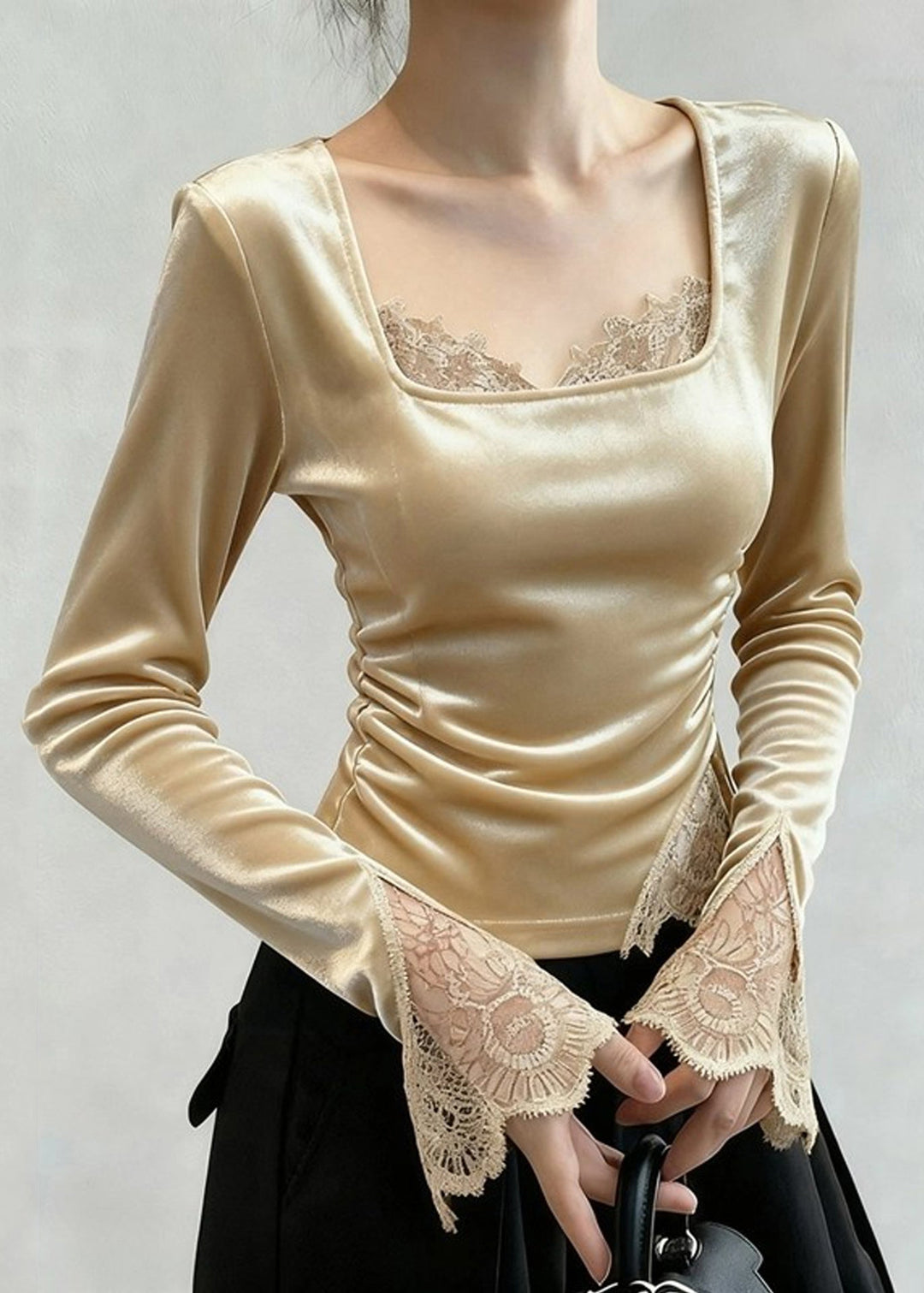 Novelty Apricot Square Collar Lace Patchwork Silk Velour T Shirts Fall