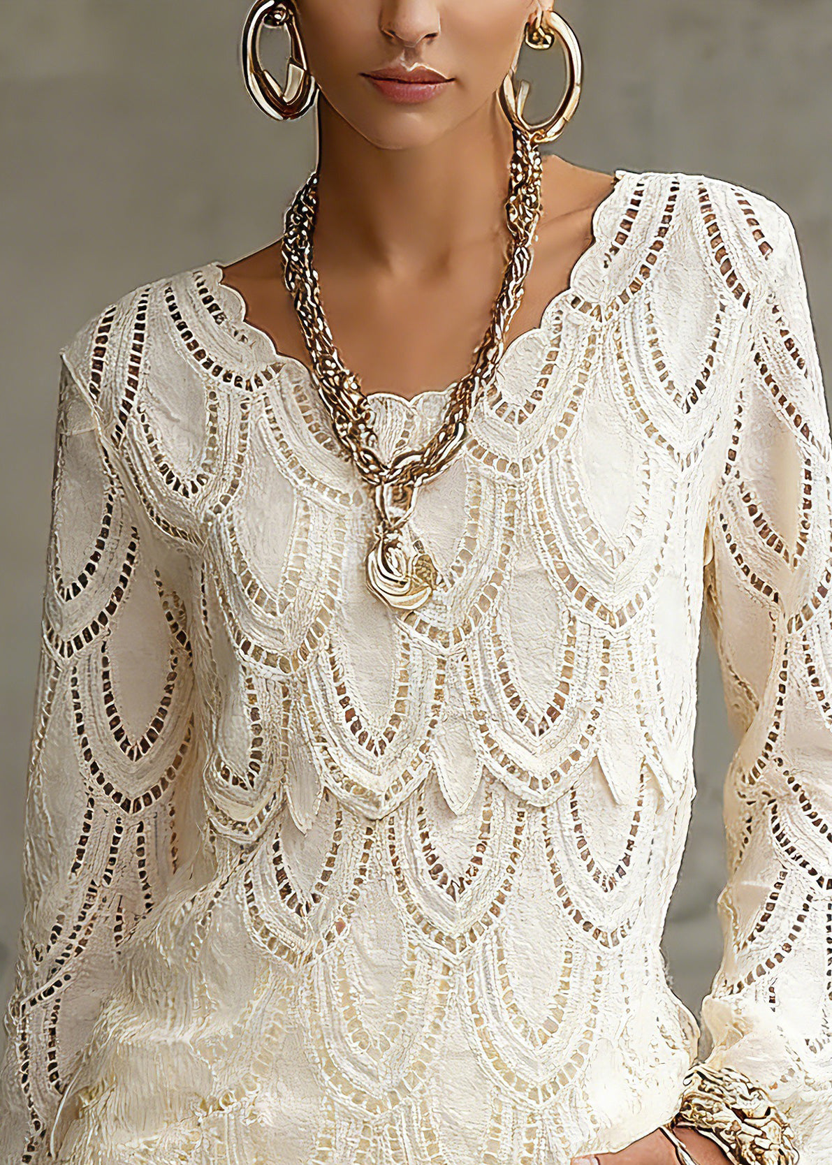 Novelty Beige Hollow Out Solid Lace Tops Spring - Omychic