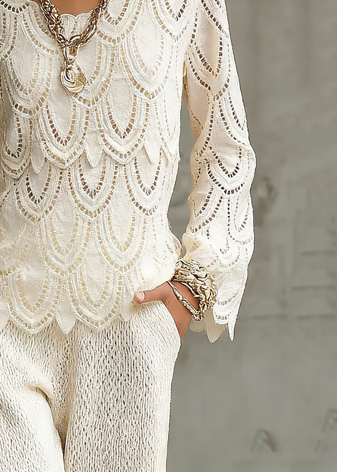 Novelty Beige Hollow Out Solid Lace Tops Spring - Omychic