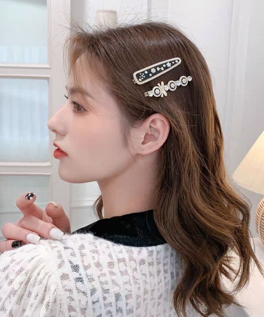 Novelty Black Alloy Pearl Zircon Hairpin Two-Piece Set