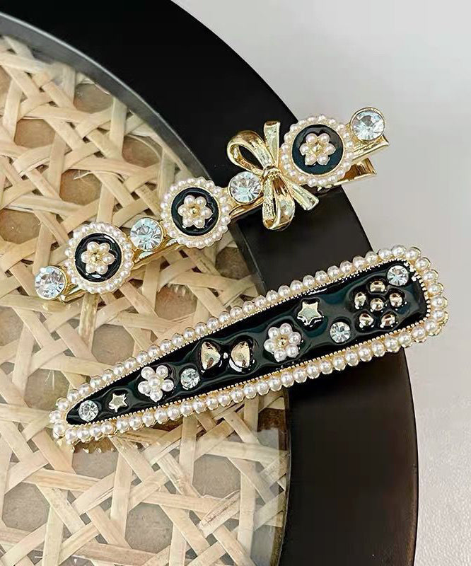 Novelty Black Alloy Pearl Zircon Hairpin Two-Piece Set