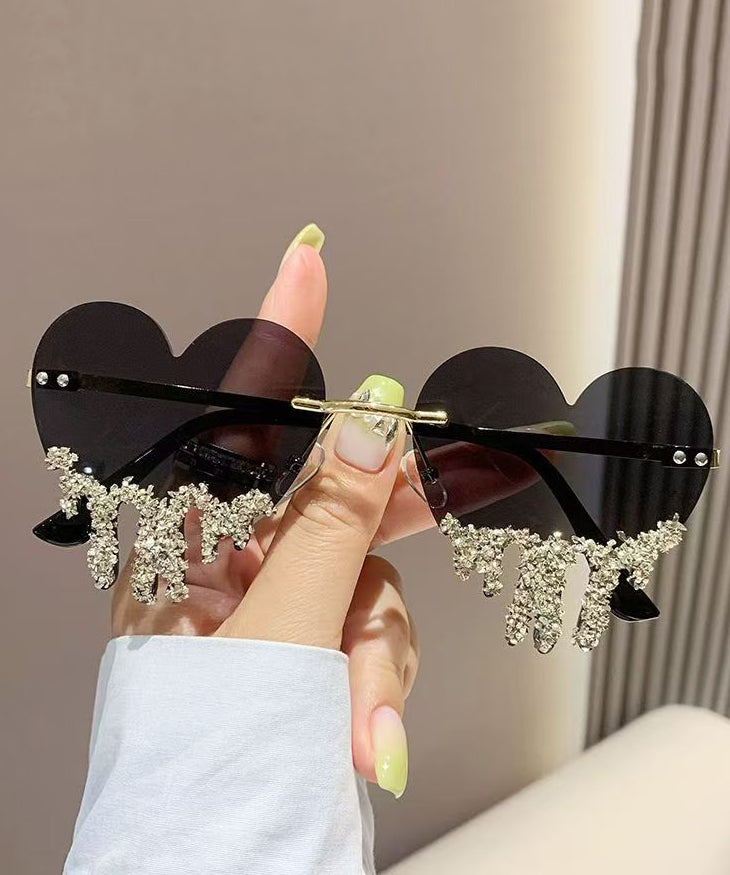 Novelty Black Metal Zircon Love Tear Frameless Sunglasses