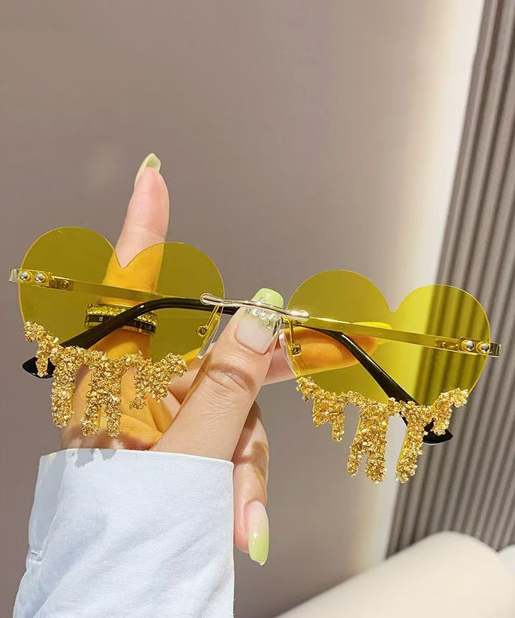 Novelty Black Metal Zircon Love Tear Frameless Sunglasses