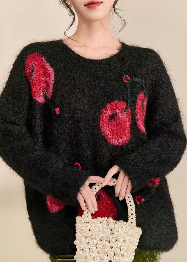 Novelty Black O-Neck Print Cozy Cotton Knit Sweaters Fall