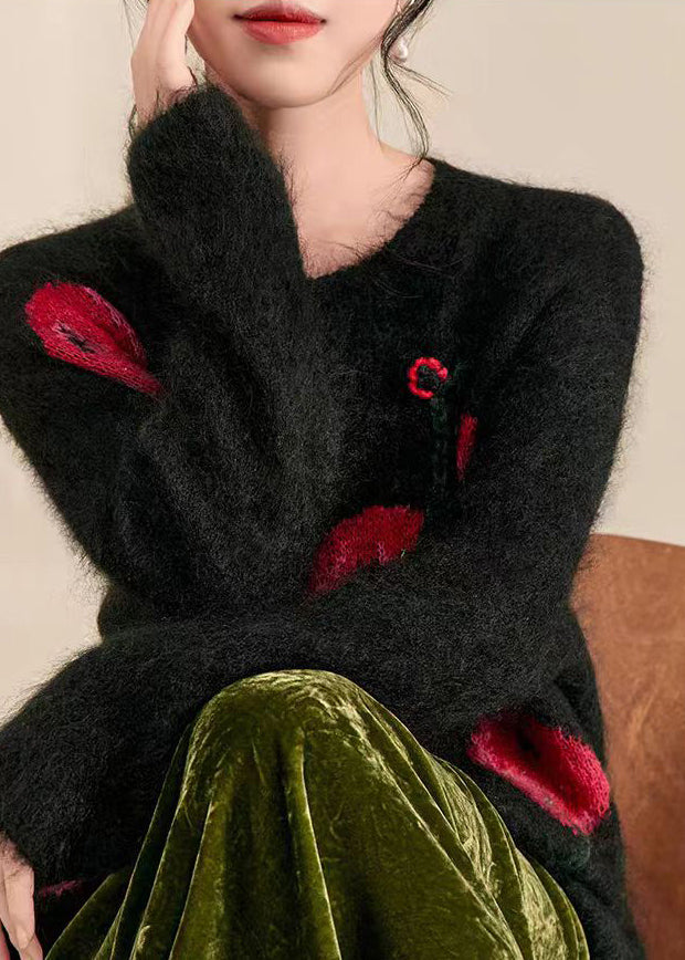 Novelty Black O-Neck Print Cozy Cotton Knit Sweaters Fall