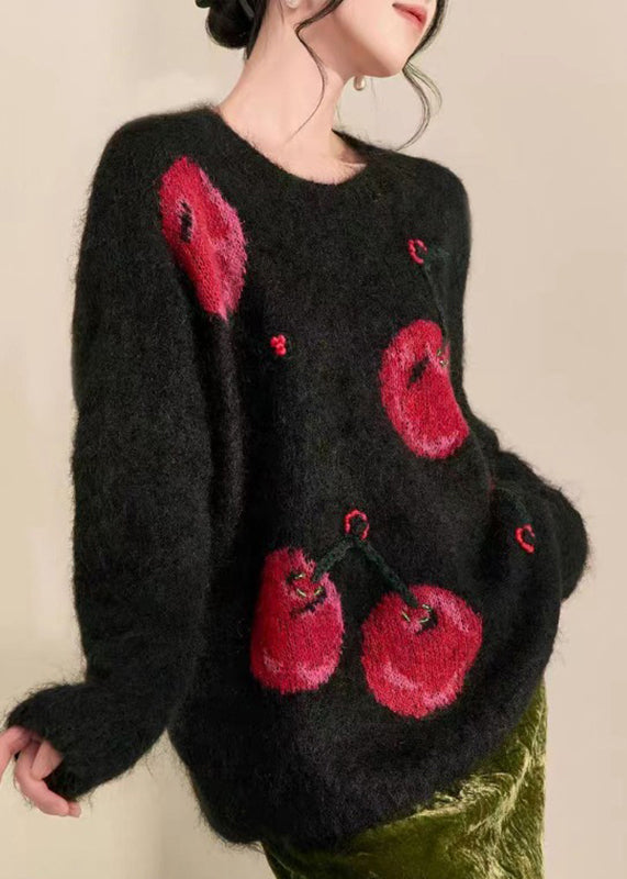 Novelty Black O-Neck Print Cozy Cotton Knit Sweaters Fall