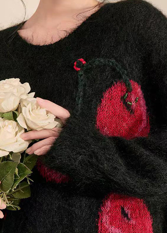 Novelty Black O-Neck Print Cozy Cotton Knit Sweaters Spring