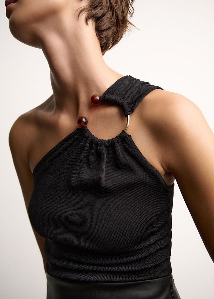 Novelty Black One Shoulder Asymmetrical Patchwork Vests Sleeveless