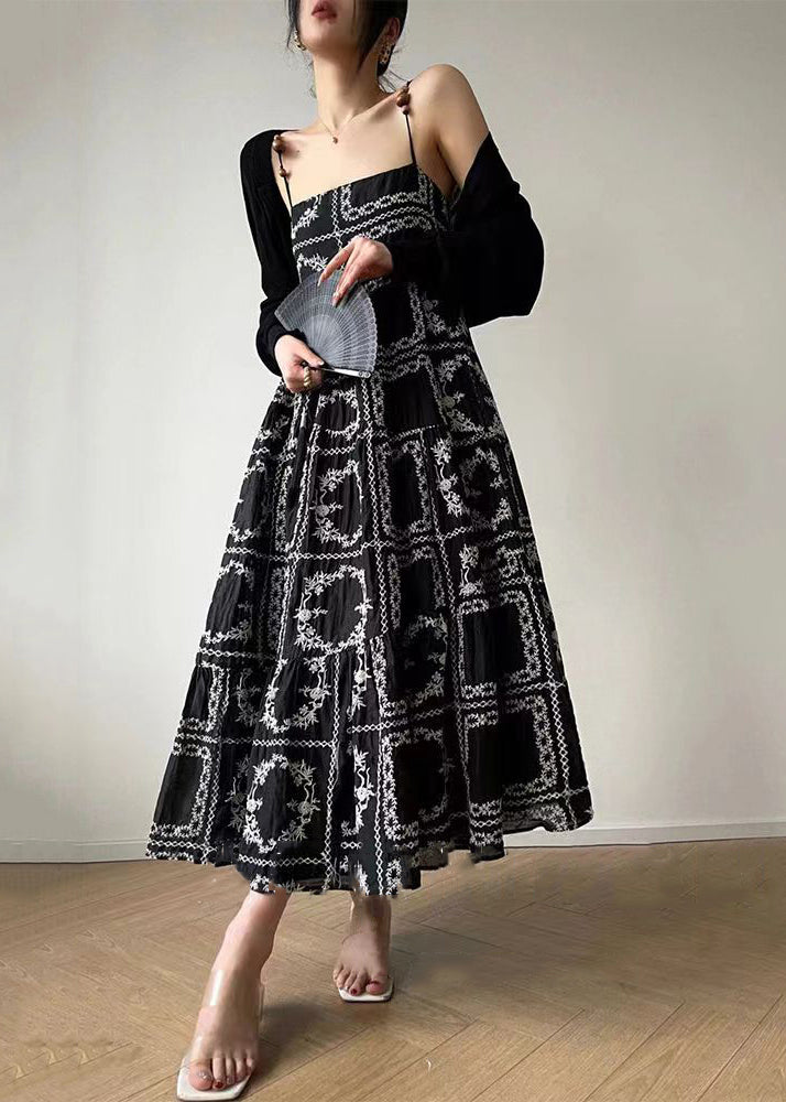 Novelty Black Print Tie Waist Cotton Spaghetti Strap Dress Sleeveless