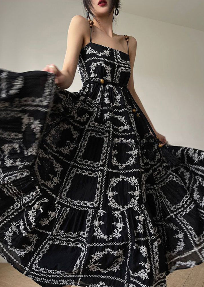 Novelty Black Print Tie Waist Cotton Spaghetti Strap Dress Sleeveless