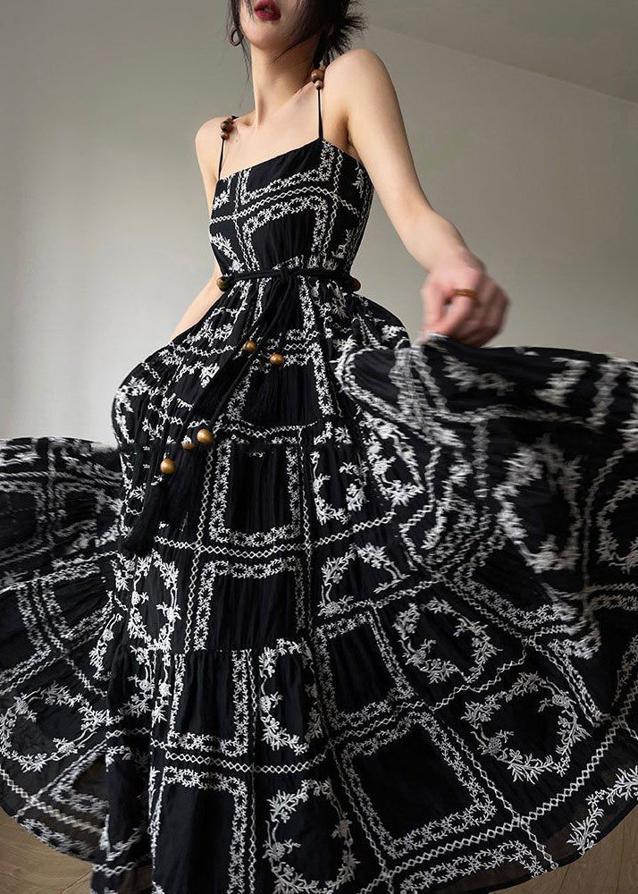 Novelty Black Print Tie Waist Cotton Spaghetti Strap Dress Sleeveless