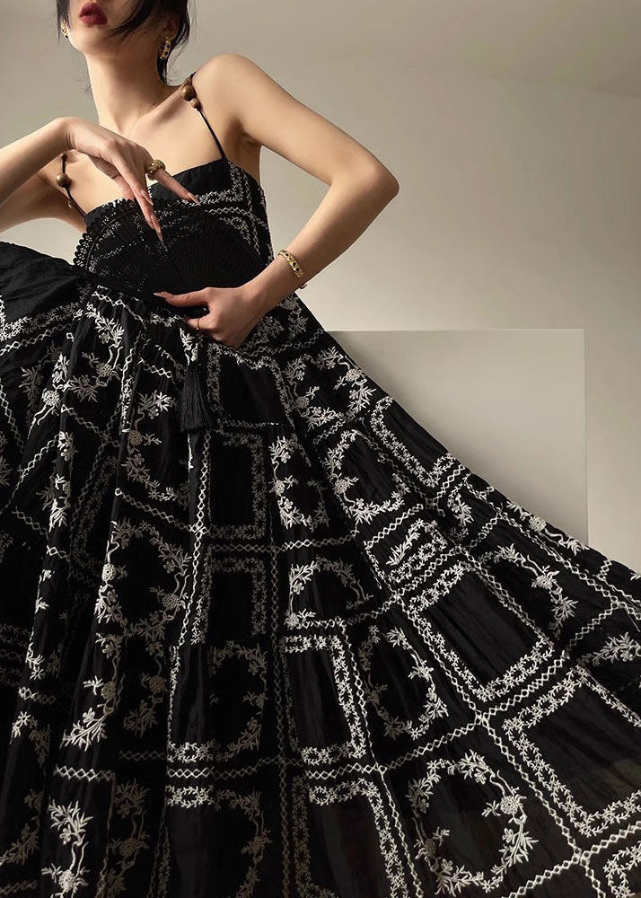 Novelty Black Print Tie Waist Cotton Spaghetti Strap Dress Sleeveless