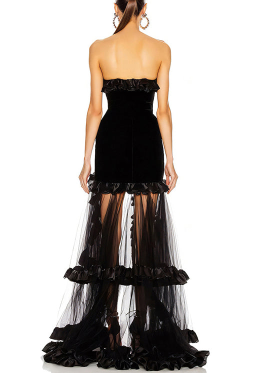 Novelty Black Ruffled Patchwork Tulle Party Dress Sleeveless