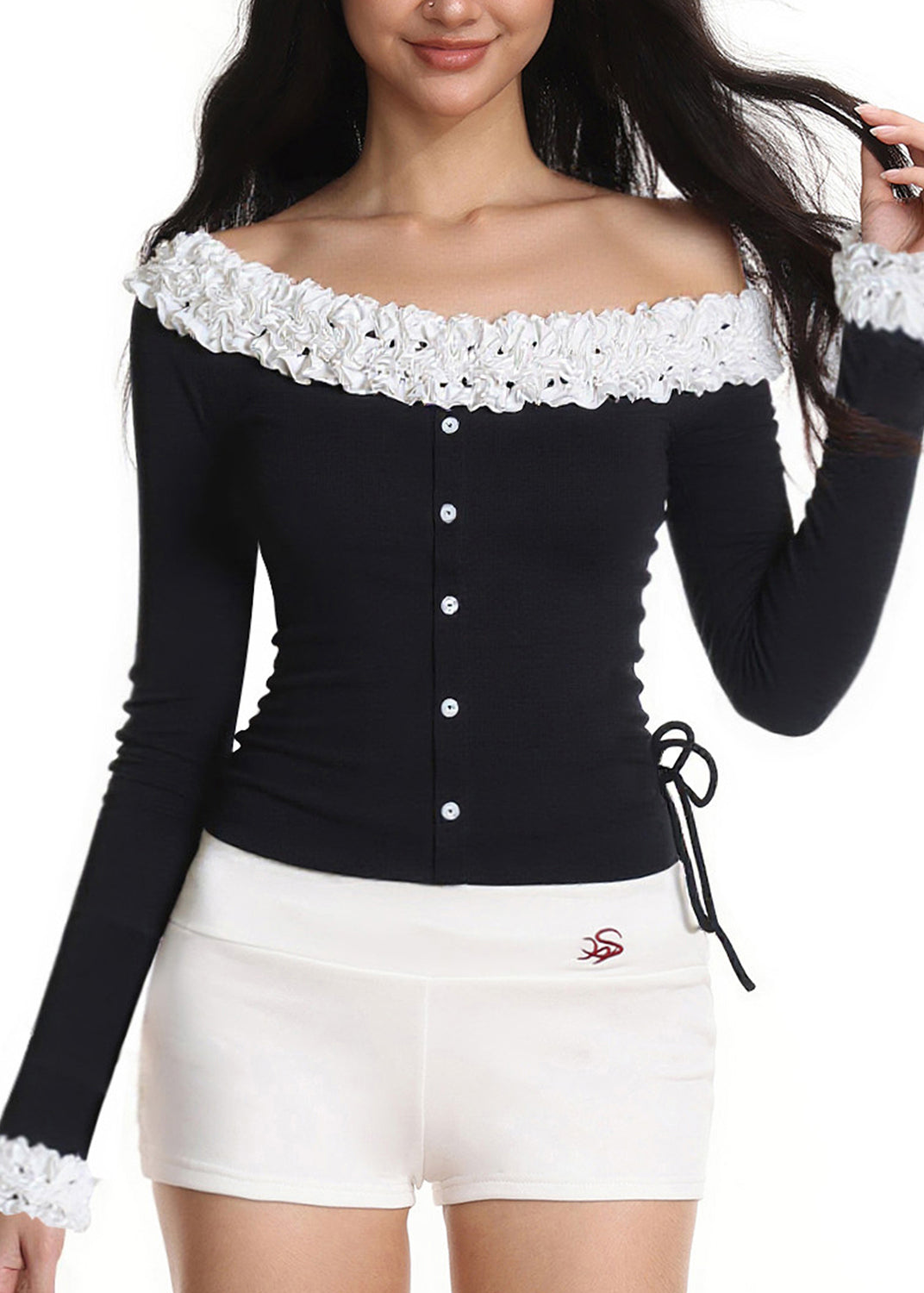 Novelty Black Slash Neck Ruffled Patchwork Cold Shoulder Tops Fall