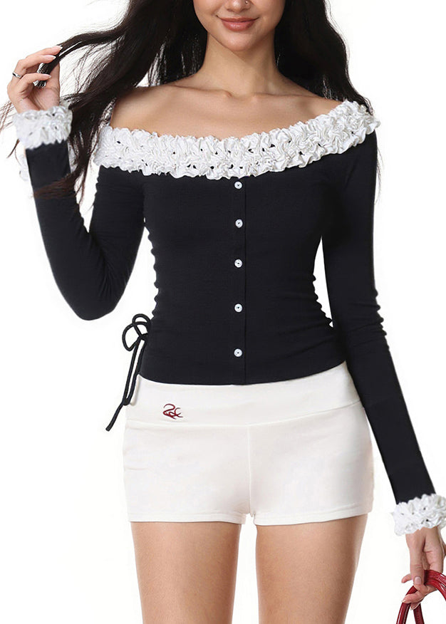 Novelty Black Slash Neck Ruffled Patchwork Cold Shoulder Tops Fall