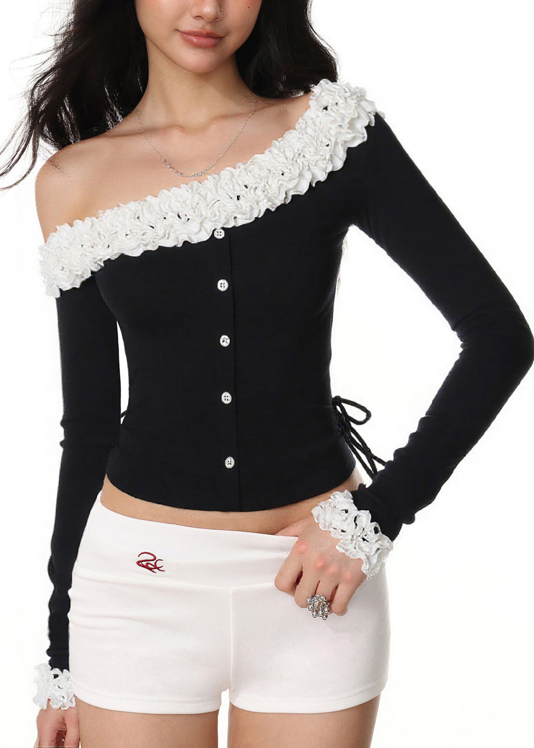 Novelty Black Slash Neck Ruffled Patchwork Cold Shoulder Tops Fall