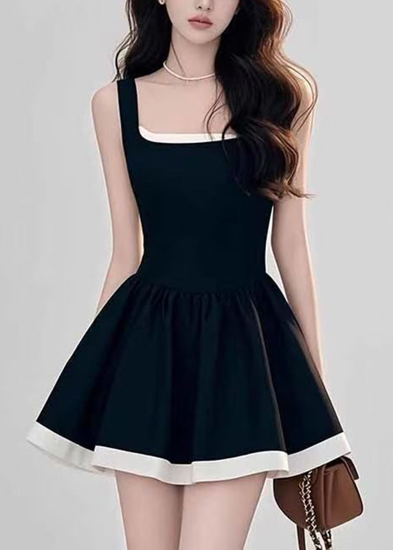 Novelty Black Square Collar Mid Spaghetti Strap Dress Summer