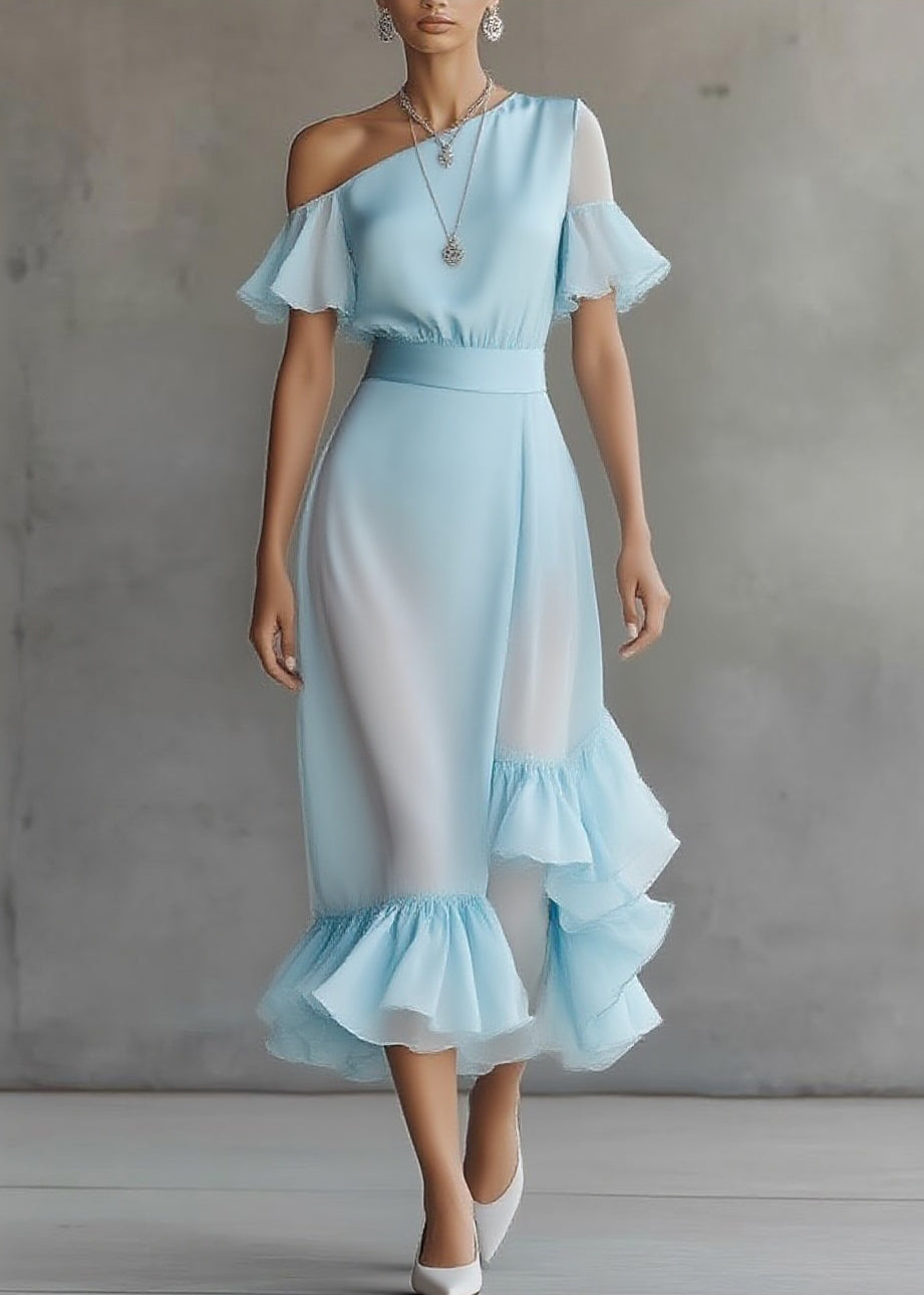 Novelty Blue Asymmetrical Patchwork Solid Chiffon Maxi Dress Butterfly Sleeve - Omychic