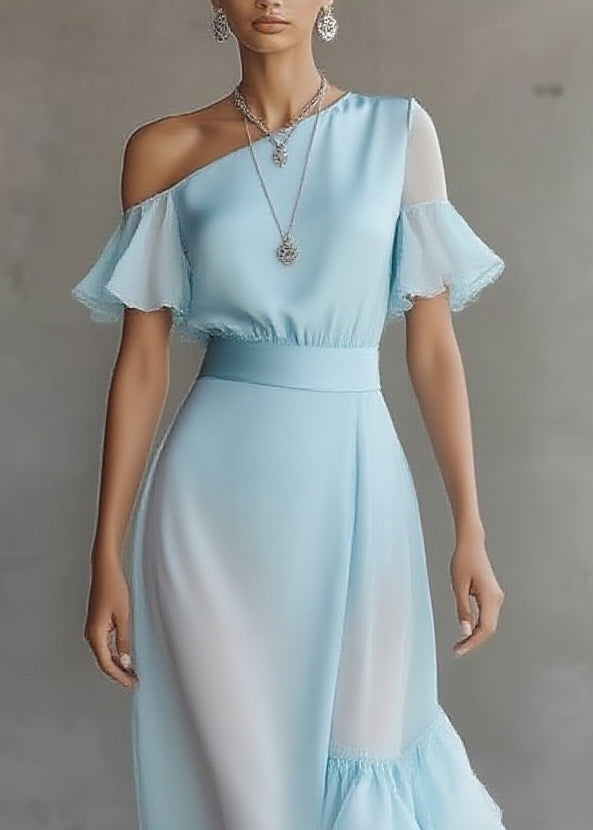 Novelty Blue Asymmetrical Patchwork Solid Chiffon Maxi Dress Butterfly Sleeve - Omychic