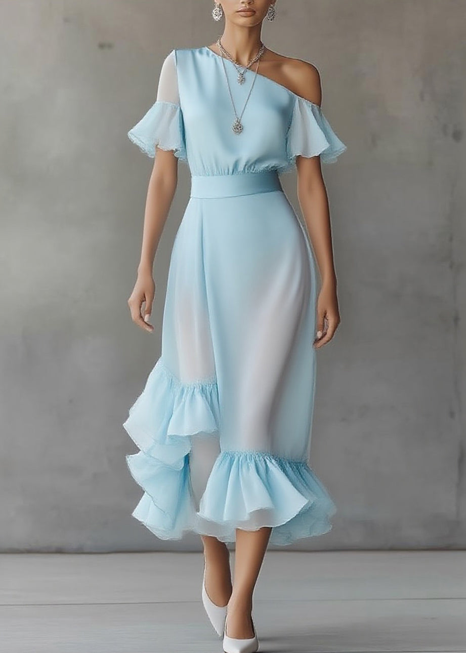 Novelty Blue Asymmetrical Patchwork Solid Chiffon Maxi Dress Butterfly Sleeve - Omychic