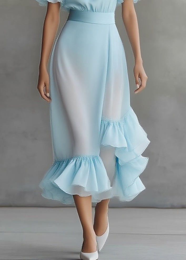 Novelty Blue Asymmetrical Patchwork Solid Chiffon Maxi Dress Butterfly Sleeve - Omychic