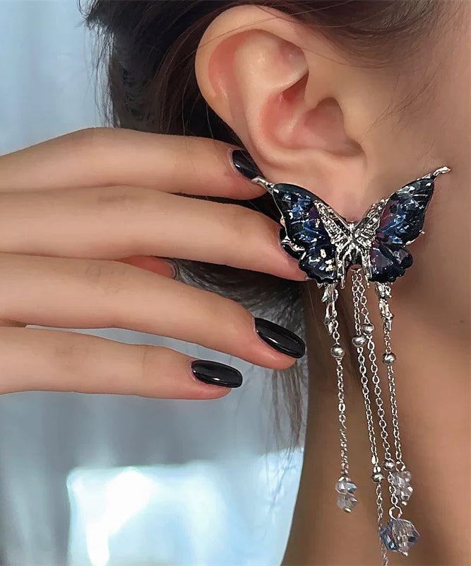Novelty Blue Copper Alloy Crystal Resin Butterfly Tassel Asymmetrical Drop Earrings