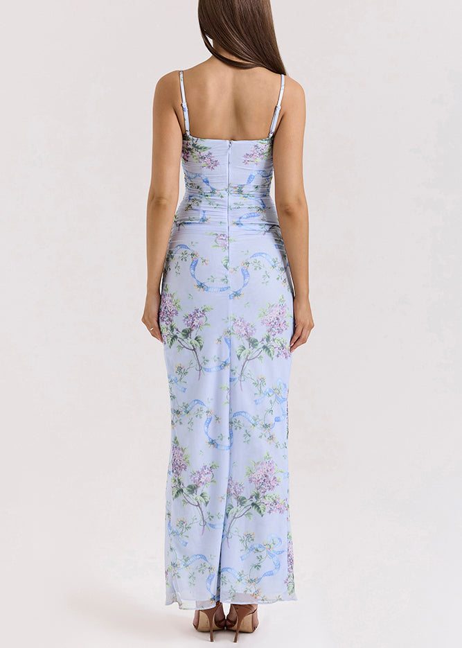 Novelty Blue Print Side Open Tulle Spaghetti Strap Dress Sleeveless