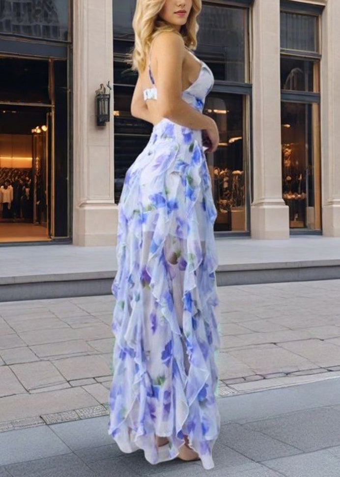 Novelty Blue V Neck Print Backless Chiffon Spaghetti Strap Dress Sleeveless
