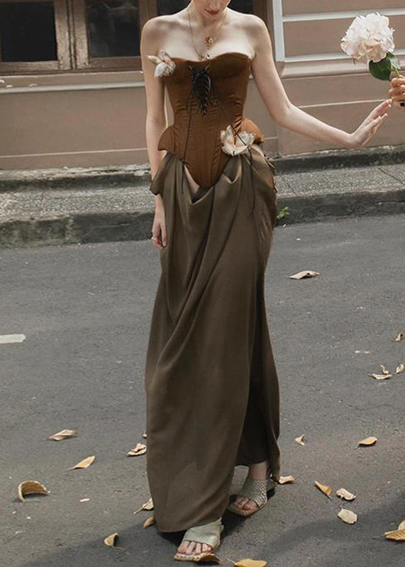 Novelty Brown Patchwork Cold Shoulder Vacation Maxi Dresses Summer