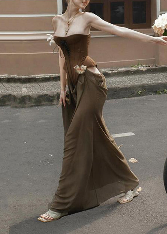 Novelty Brown Patchwork Cold Shoulder Vacation Maxi Dresses Summer