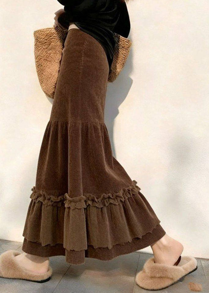 Novelty Brown Ruffled Patchwork Corduroy A Line Skirt Fall