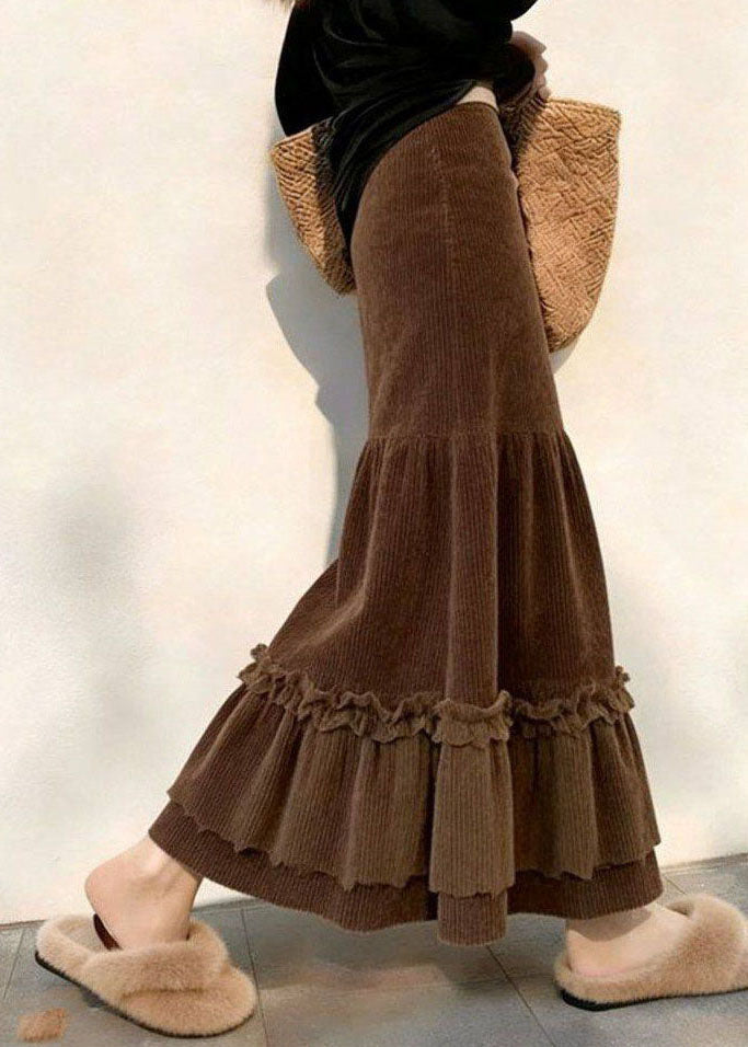 Novelty Brown Ruffled Patchwork Corduroy A Line Skirt Fall