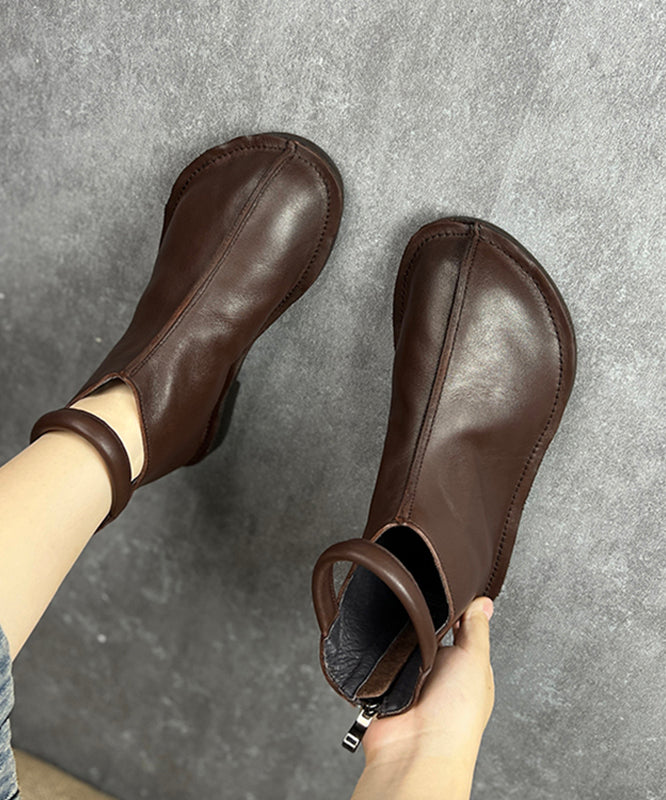 Novelty Coffee Cowhide Splicing Zipper Ankle Boots
