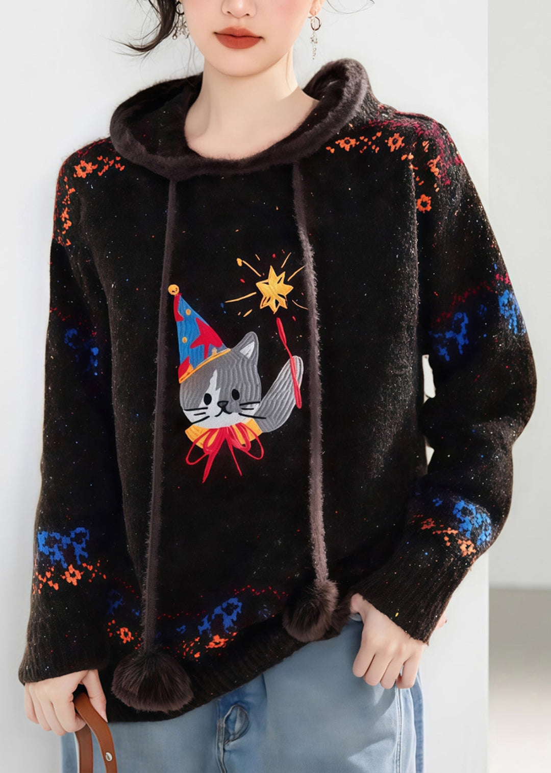 Novelty Coffee Tie Lace Print Thick Cotton Knit Hooded Sweater Fall