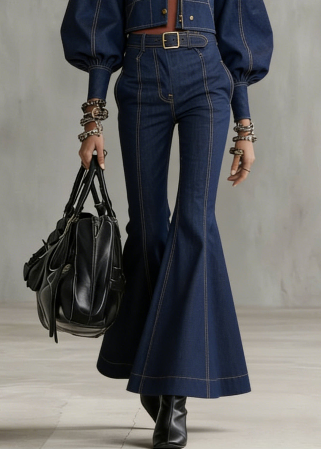Novelty Denim Blue Patchwork Coat And Flared Trousers Two Pieces Set Flare Sleeve