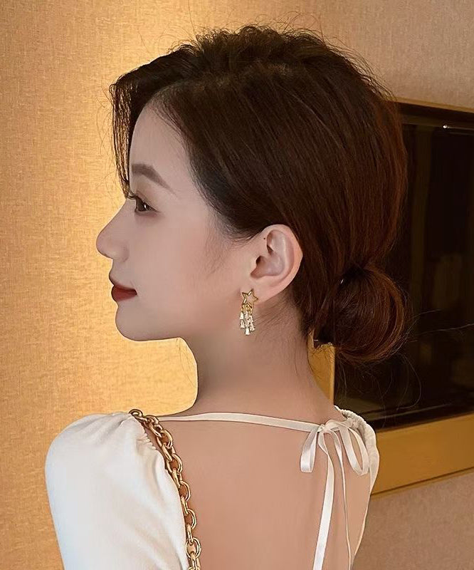 Novelty Gold 925 Silver Alloy Zircon Star Tassel Drop Earrings