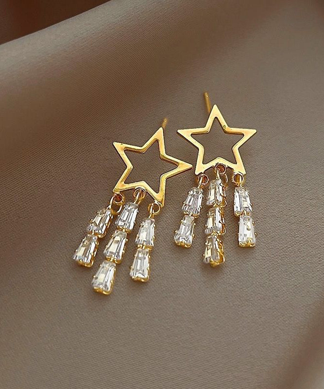 Novelty Gold 925 Silver Alloy Zircon Star Tassel Drop Earrings