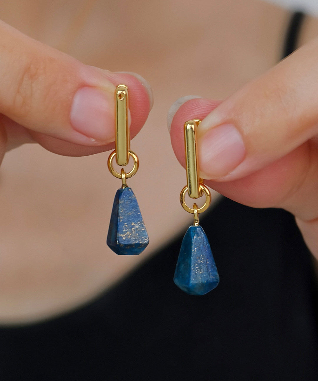 Novelty Gold Copper Overgild Gem Stone Water Droplet Hoop Earrings