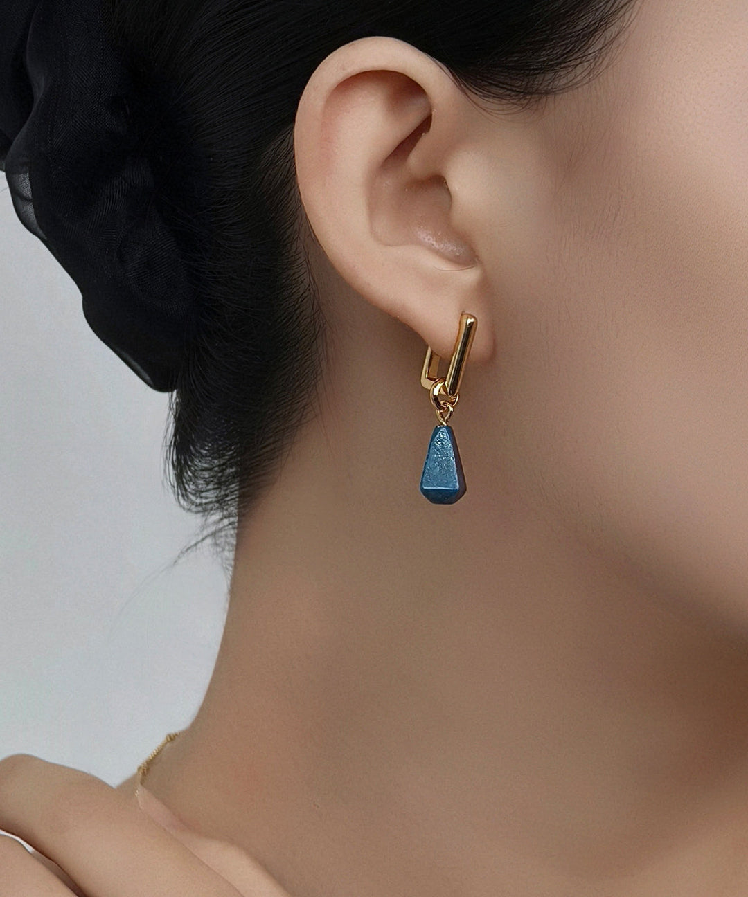 Novelty Gold Copper Overgild Gem Stone Water Droplet Hoop Earrings