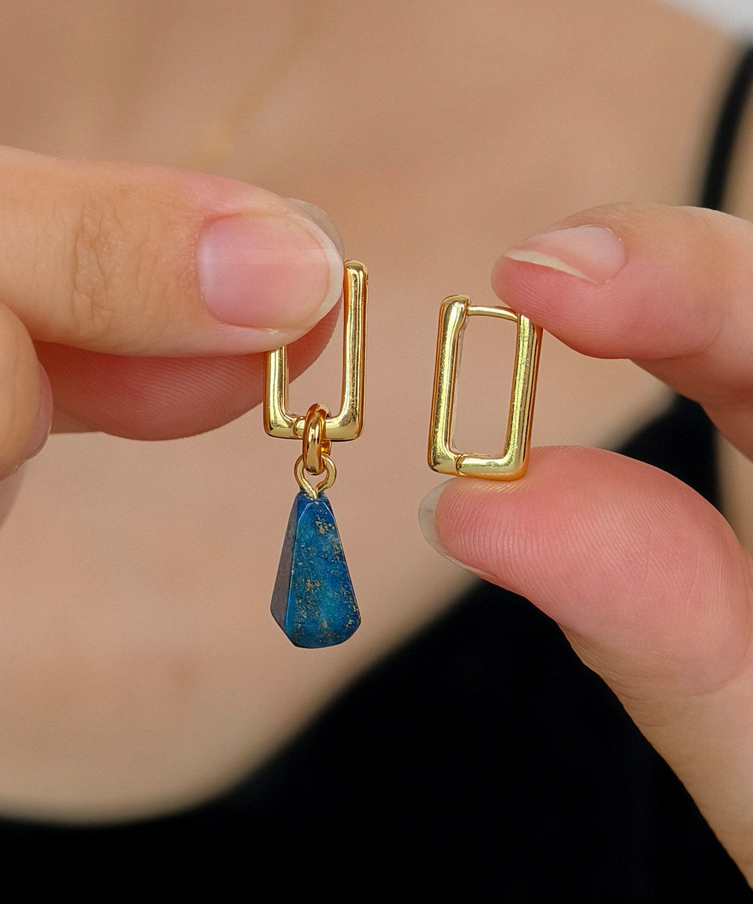 Novelty Gold Copper Overgild Gem Stone Water Droplet Hoop Earrings