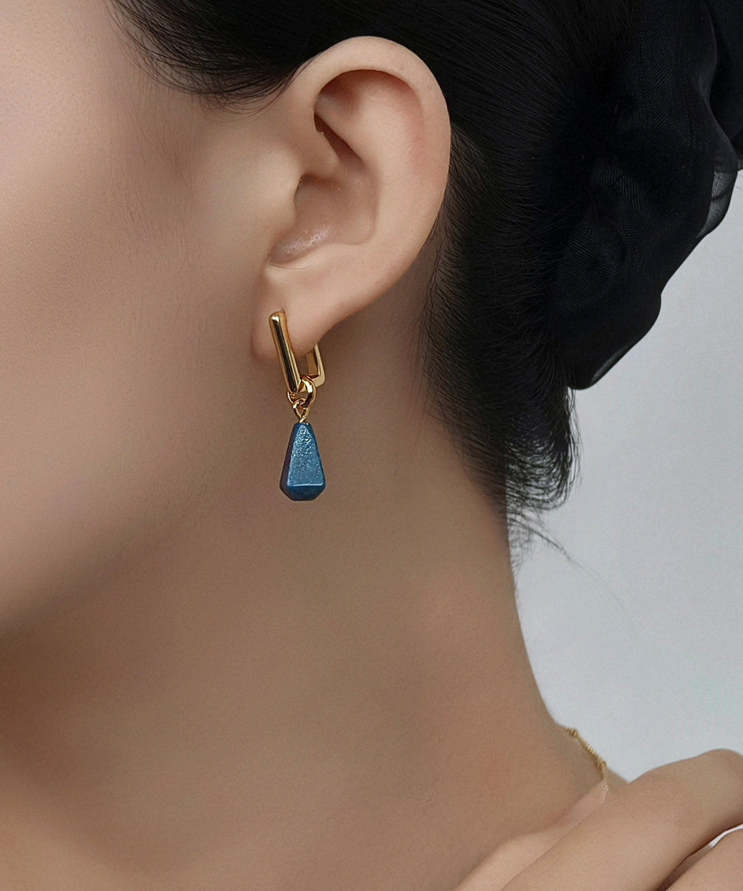 Novelty Gold Copper Overgild Gem Stone Water Droplet Hoop Earrings