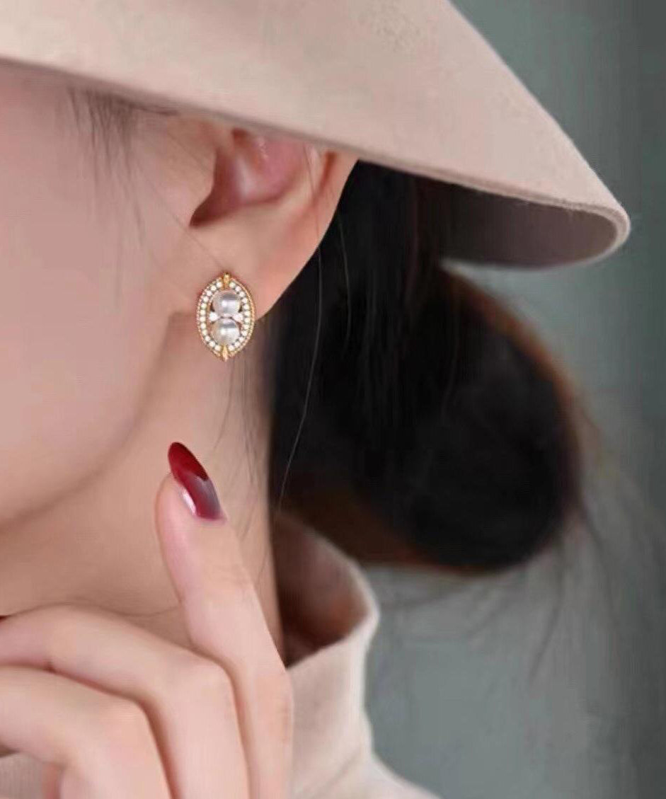 Novelty Gold Copper Overgild Zircon Pearl Water Drop Stud Earrings