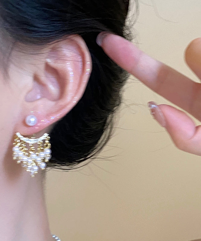 Novelty Gold Copper Zircon Pearl Tassel Drop Earrings