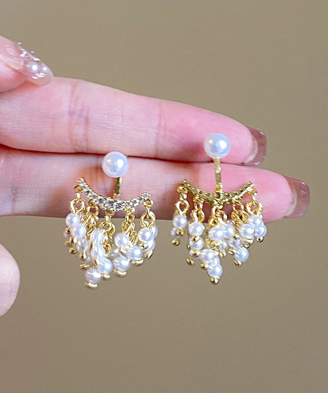 Novelty Gold Copper Zircon Pearl Tassel Drop Earrings