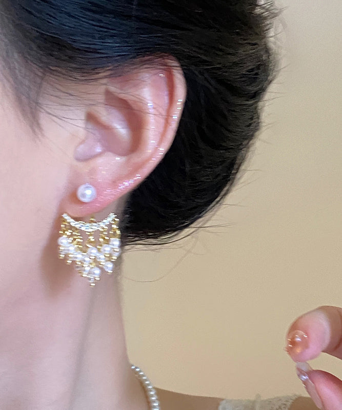 Novelty Gold Copper Zircon Pearl Tassel Drop Earrings