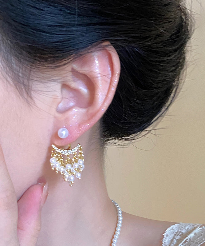 Novelty Gold Copper Zircon Pearl Tassel Drop Earrings