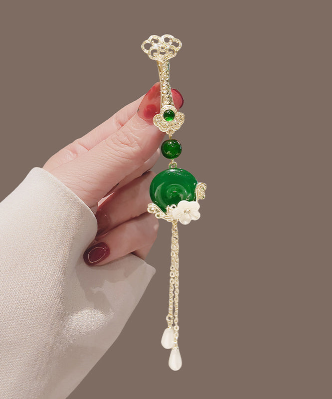Novelty Green Alloy Jade Ping Buckle Floral Tassel Brooches