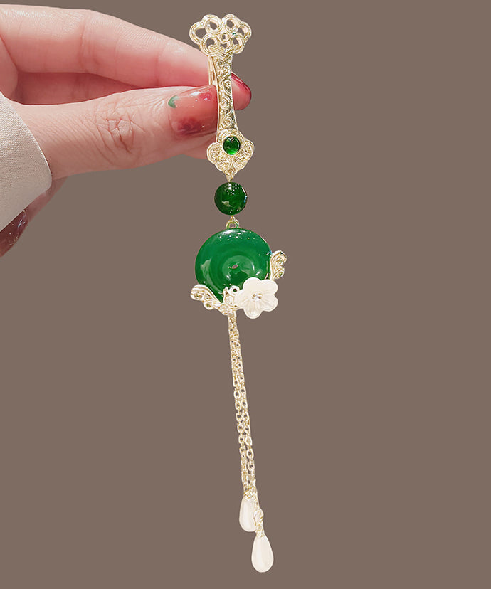 Novelty Green Alloy Jade Ping Buckle Floral Tassel Brooches