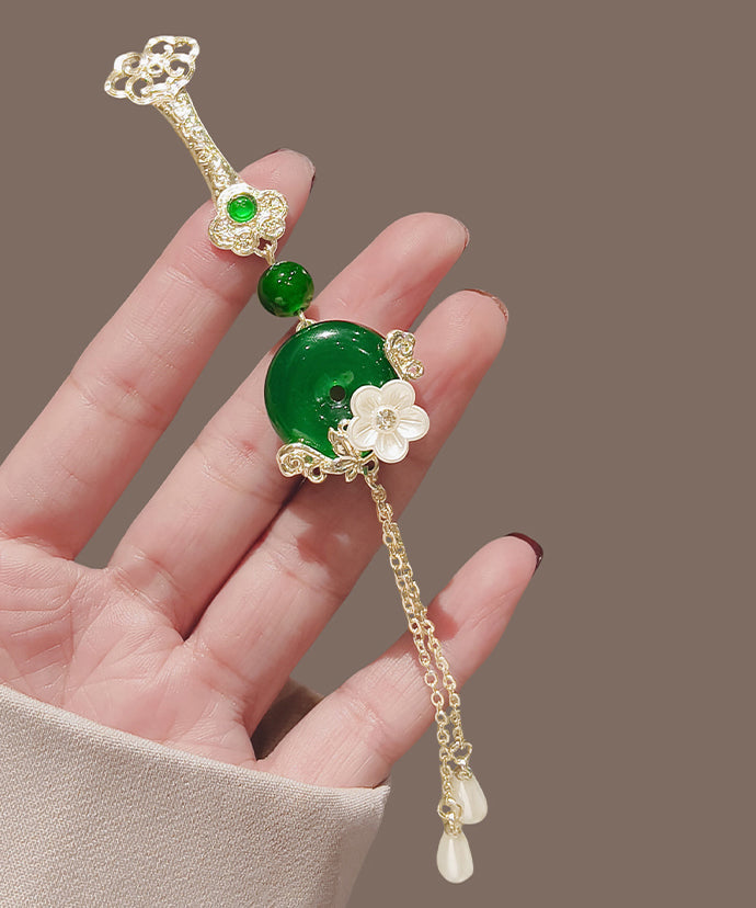 Novelty Green Alloy Jade Ping Buckle Floral Tassel Brooches