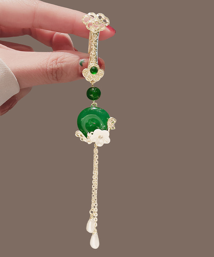 Novelty Green Alloy Jade Ping Buckle Floral Tassel Brooches